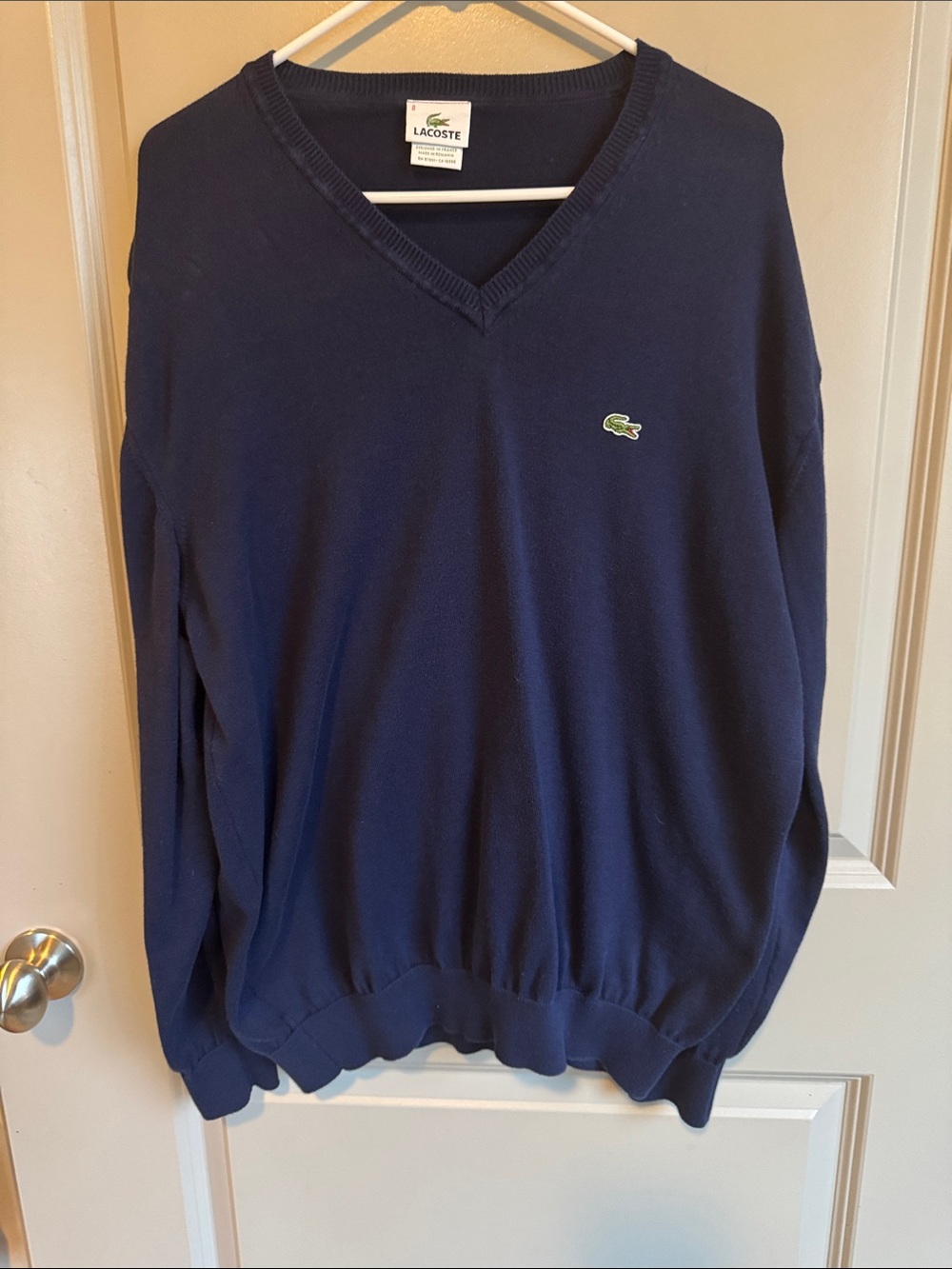 Lacoste Men's V-Neck Sweater in Navy Blue with Green Crocodile